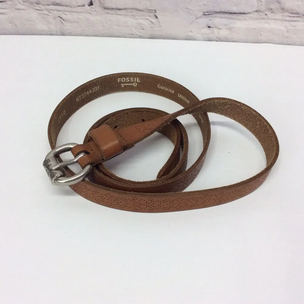 Fossil Thin Belt Women's Size L Brown Leather Tooled Boho Cowgirl Festive Casual